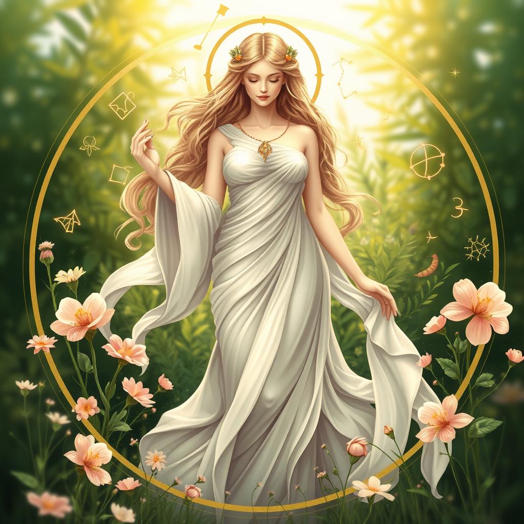 A beautifully detailed representation of the Virgo zodiac sign, featuring a serene female figure embodying the traits of Virgo
