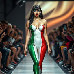 A full-length photograph of a stunning 18-year-old woman with pale skin and black hair confidently walking on a fashion show runway