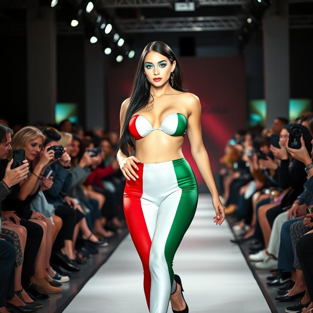 A full-length photograph of a stunning 18-year-old woman with pale skin and black hair confidently walking on a fashion show runway