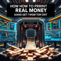 A detailed and eye-catching book cover design featuring a sophisticated machine that prints banknotes in a high-tech setting