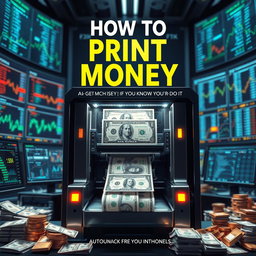A detailed and eye-catching book cover design featuring a sophisticated machine that prints banknotes in a high-tech setting
