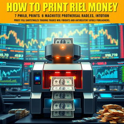 A detailed and eye-catching book cover design featuring a sophisticated machine that prints banknotes in a high-tech setting