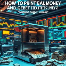 A detailed and eye-catching book cover design featuring a sophisticated machine that prints banknotes in a high-tech setting