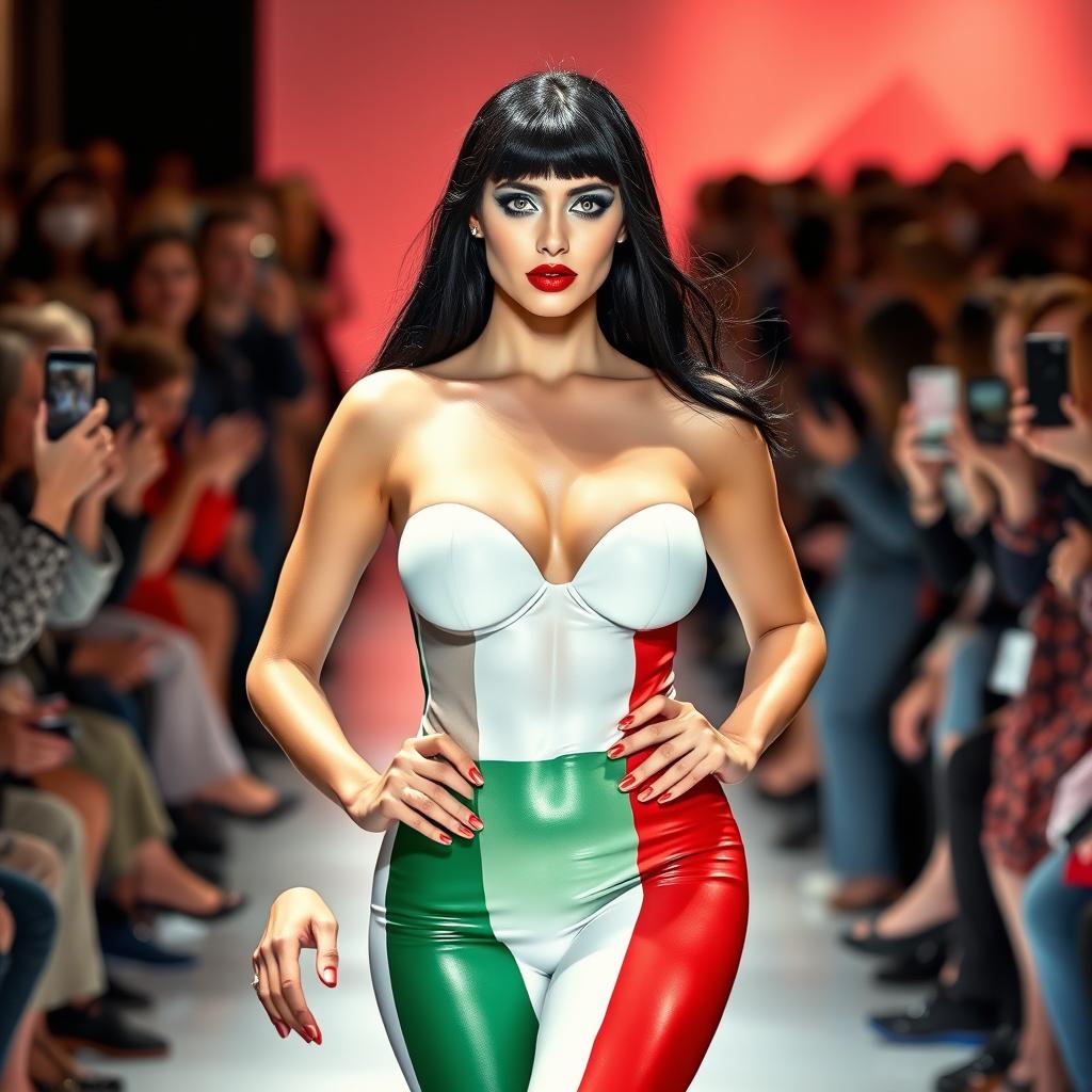 A full-length photograph of a stunning 18-year-old woman with pale skin and black hair confidently strutting down a fashion show runway