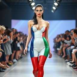 A full-length photograph of a stunning 18-year-old woman with pale skin and black hair confidently strutting down a fashion show runway