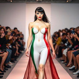 A full-length photograph of a stunning 18-year-old woman with pale skin and black hair confidently walking down a fashion show runway