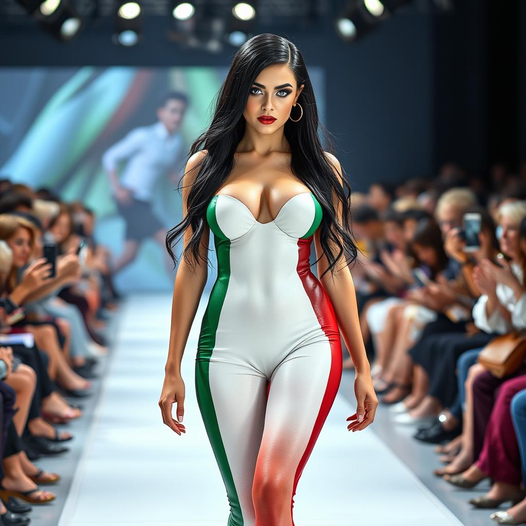 A full-length photograph of a stunning 18-year-old woman with pale skin and black hair confidently walking down a fashion show runway