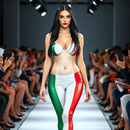 A full-length photograph of a stunning 18-year-old woman with pale skin and black hair confidently walking down a fashion show runway