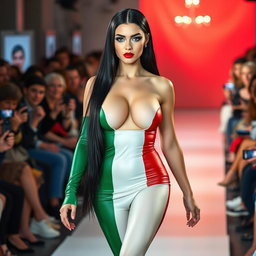 A full-length photograph of a stunning 18-year-old woman with pale skin and sleek black hair, confidently walking down a fashion show runway
