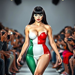 A full-length photograph of a stunning 18-year-old woman with pale skin and sleek black hair, confidently walking down a fashion show runway