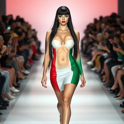 A full-length photograph of a stunning 18-year-old woman with pale skin and sleek black hair, confidently walking down a fashion show runway
