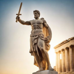 A classic Greek statue of a mighty hero wielding a sword bathed in a ray of golden sunlight.