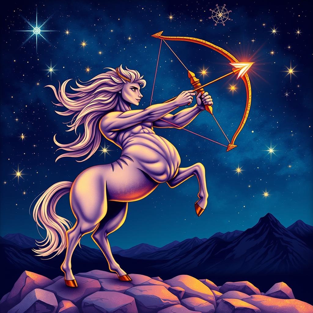 A vibrant and artistic interpretation of the Sagittarius zodiac sign, featuring a centaur archer aiming an arrow towards the sky