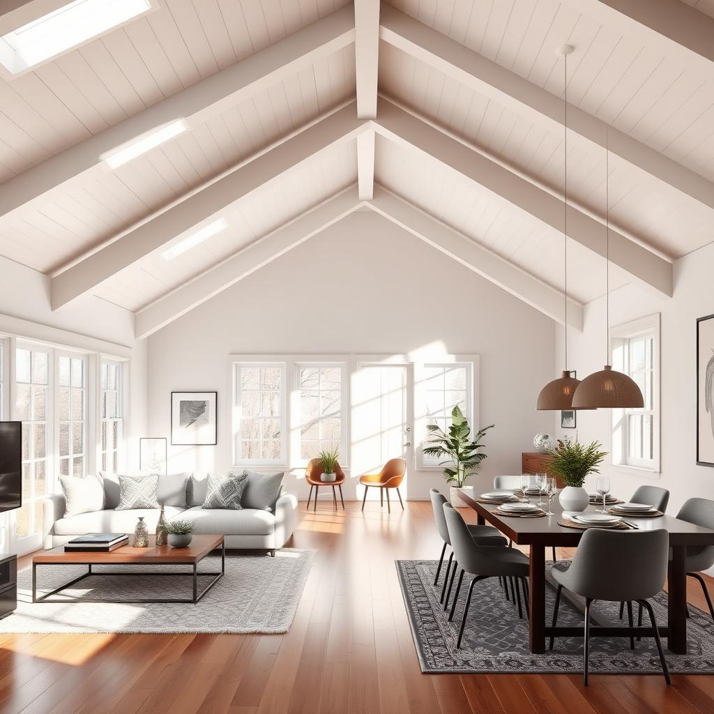 A stylish and inviting living room-dining area featuring a white wooden ceiling, adorned with elegant beams that give a modern yet cozy feel
