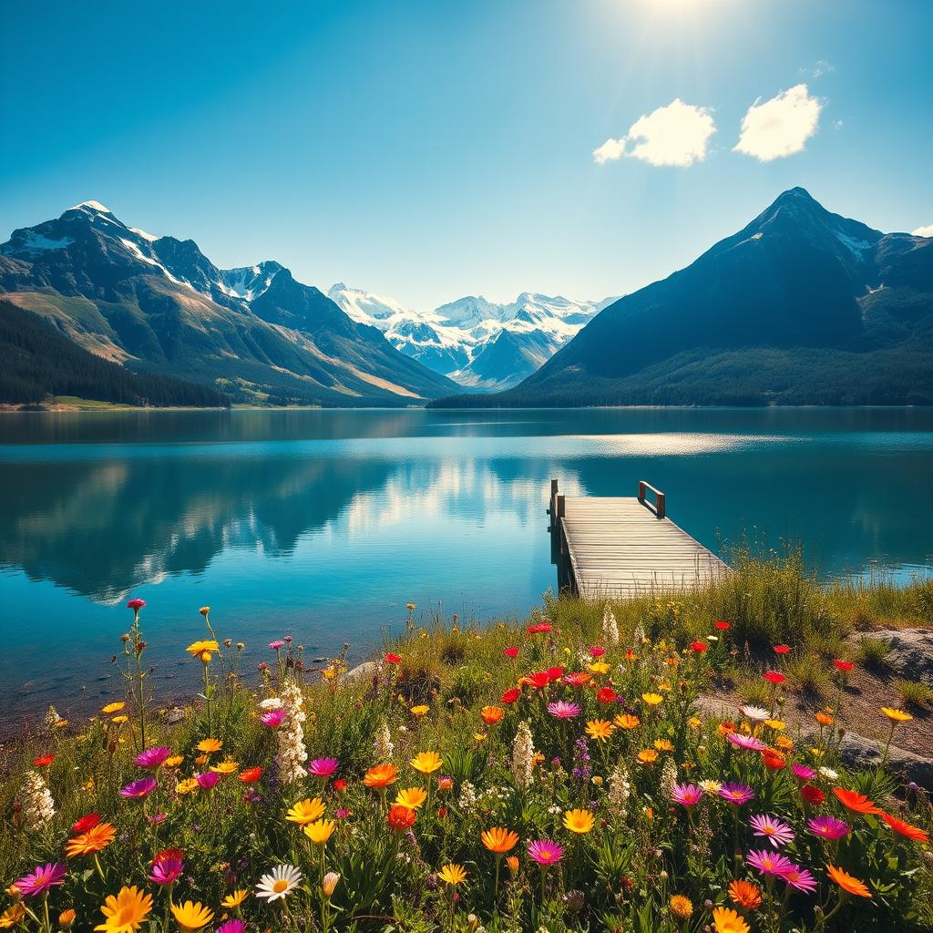A vivid, stunning landscape featuring a serene lake surrounded by majestic mountains, under a clear blue sky