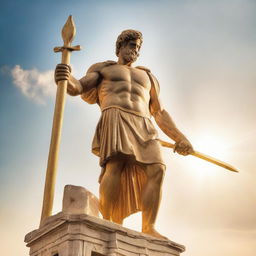 A classic Greek statue of a mighty hero wielding a sword bathed in a ray of golden sunlight.