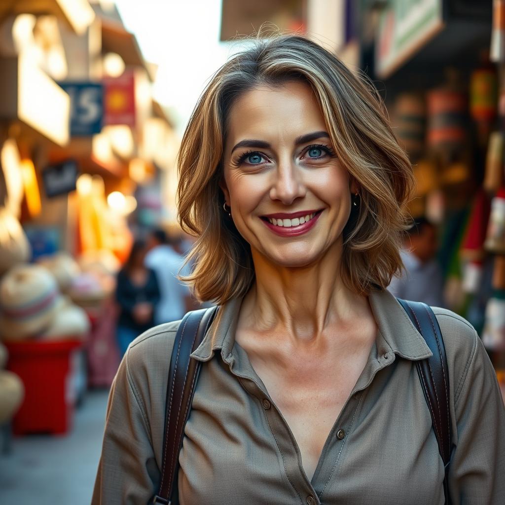 A photorealistic portrait of a 45-year-old Turkish woman smiling warmly at the camera, with captivating blue eyes and shoulder-length tousled hair