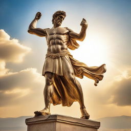 A classic Greek statue of a mighty hero wielding a sword bathed in a ray of golden sunlight.