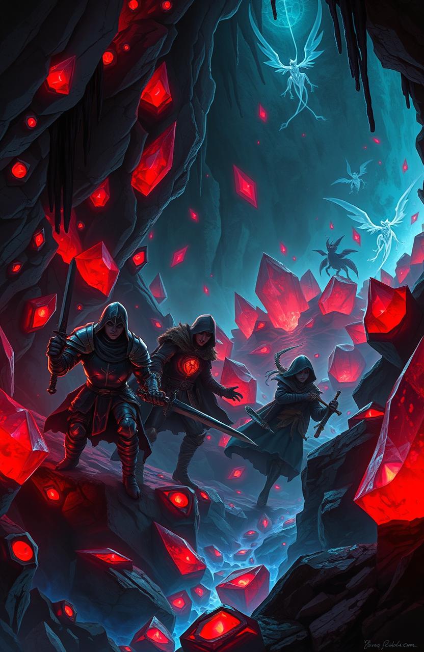 A vibrant fantasy landscape filled with enchanting, glowing blood gems
