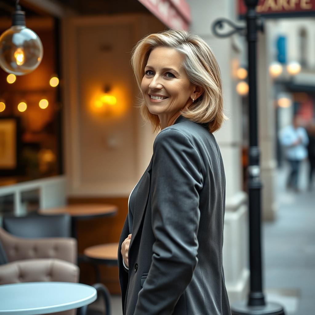 A mature and elegant 50-year-old woman with a confident demeanor, wearing a stylish outfit suitable for a chic urban environment