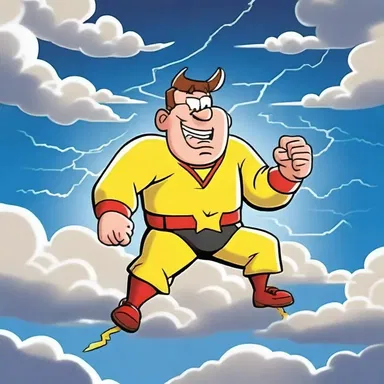 With a mischievous grin, the animated character used his hand to agitate the clouds, causing lightning to strike in the distance.