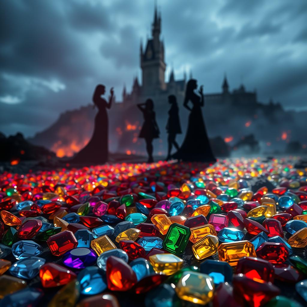 A stunning scene featuring a variety of colorful gems, including vibrant reds, blues, greens, and yellows scattered artistically across the foreground