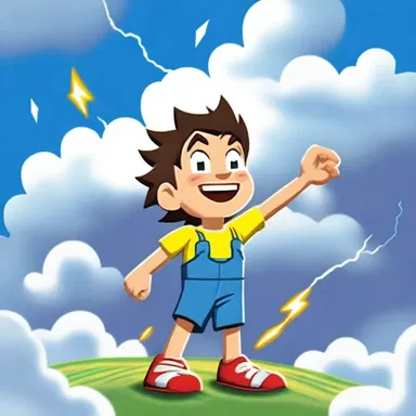 With a mischievous grin, the animated character used his hand to agitate the clouds, causing lightning to strike in the distance.