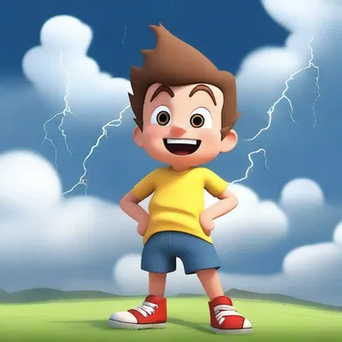 With a mischievous grin, the animated character used his hand to agitate the clouds, causing lightning to strike in the distance.