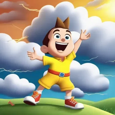 With a mischievous grin, the animated character used his hand to agitate the clouds, causing lightning to strike in the distance.