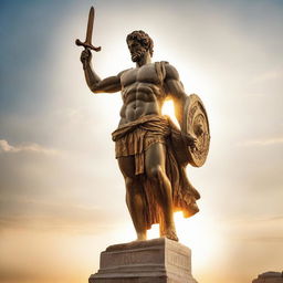 A classic Greek statue of a mighty hero wielding a sword bathed in a ray of golden sunlight.