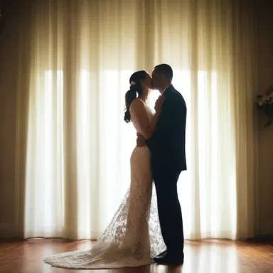 The gentle breeze agitated the curtains, casting soft, dancing shadows across the room as the couple shared a passionate kiss.