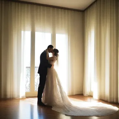 The gentle breeze agitated the curtains, casting soft, dancing shadows across the room as the couple shared a passionate kiss.