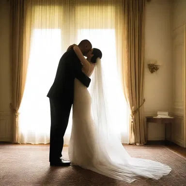 The gentle breeze agitated the curtains, casting soft, dancing shadows across the room as the couple shared a passionate kiss.