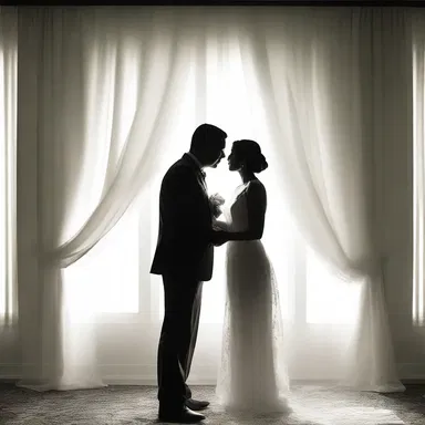 The gentle breeze agitated the curtains, casting soft, dancing shadows across the room as the couple shared a passionate kiss.