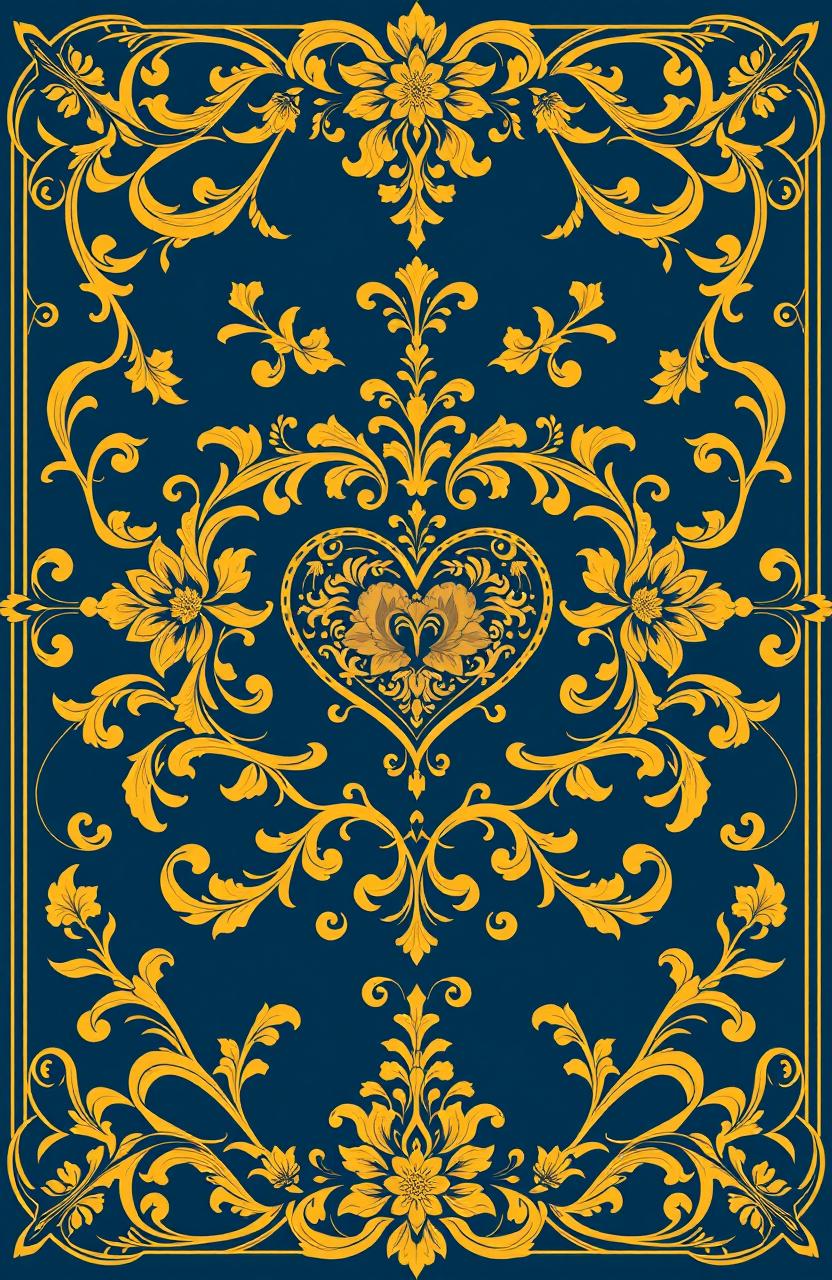 A vintage ornamental design featuring intricate floral and arabesque motifs, showcasing a rich composition of symmetrical details reminiscent of Baroque and Renaissance styles