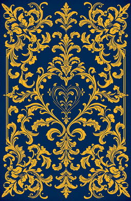 A vintage ornamental design featuring intricate floral and arabesque motifs, showcasing a rich composition of symmetrical details reminiscent of Baroque and Renaissance styles