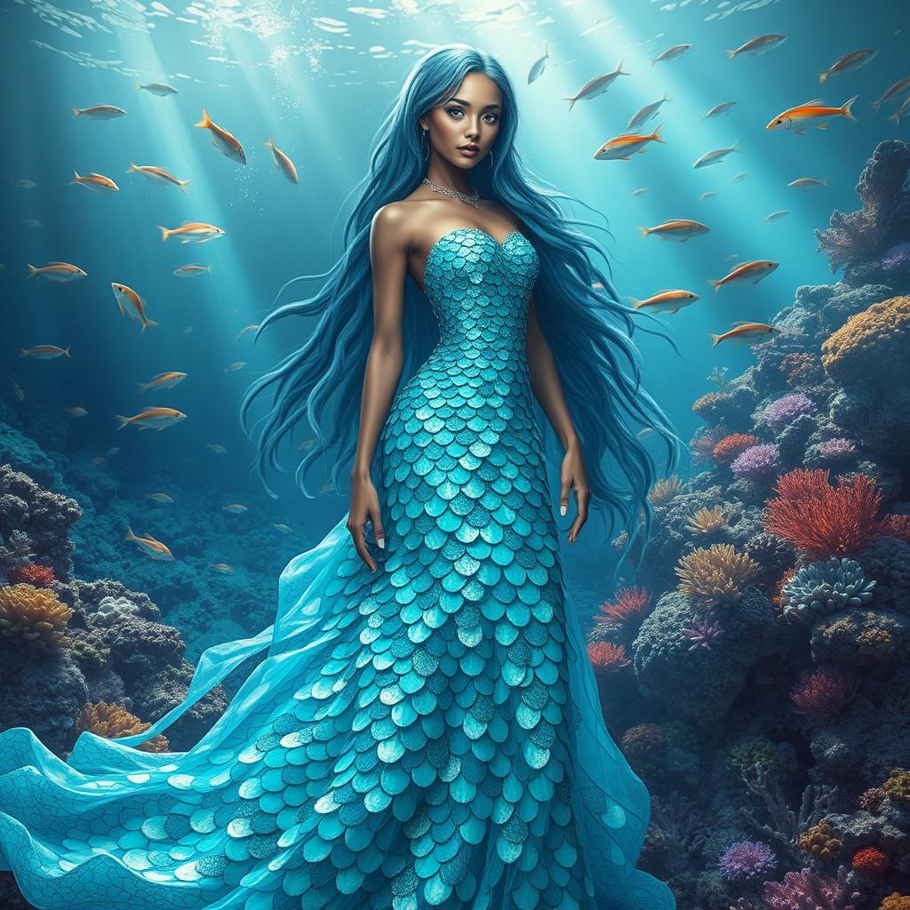 A stunning water genasi character wearing an elegant dress made entirely of shimmering scales in various hues of blue, turquoise, and green that resemble flowing water and oceanic reflections