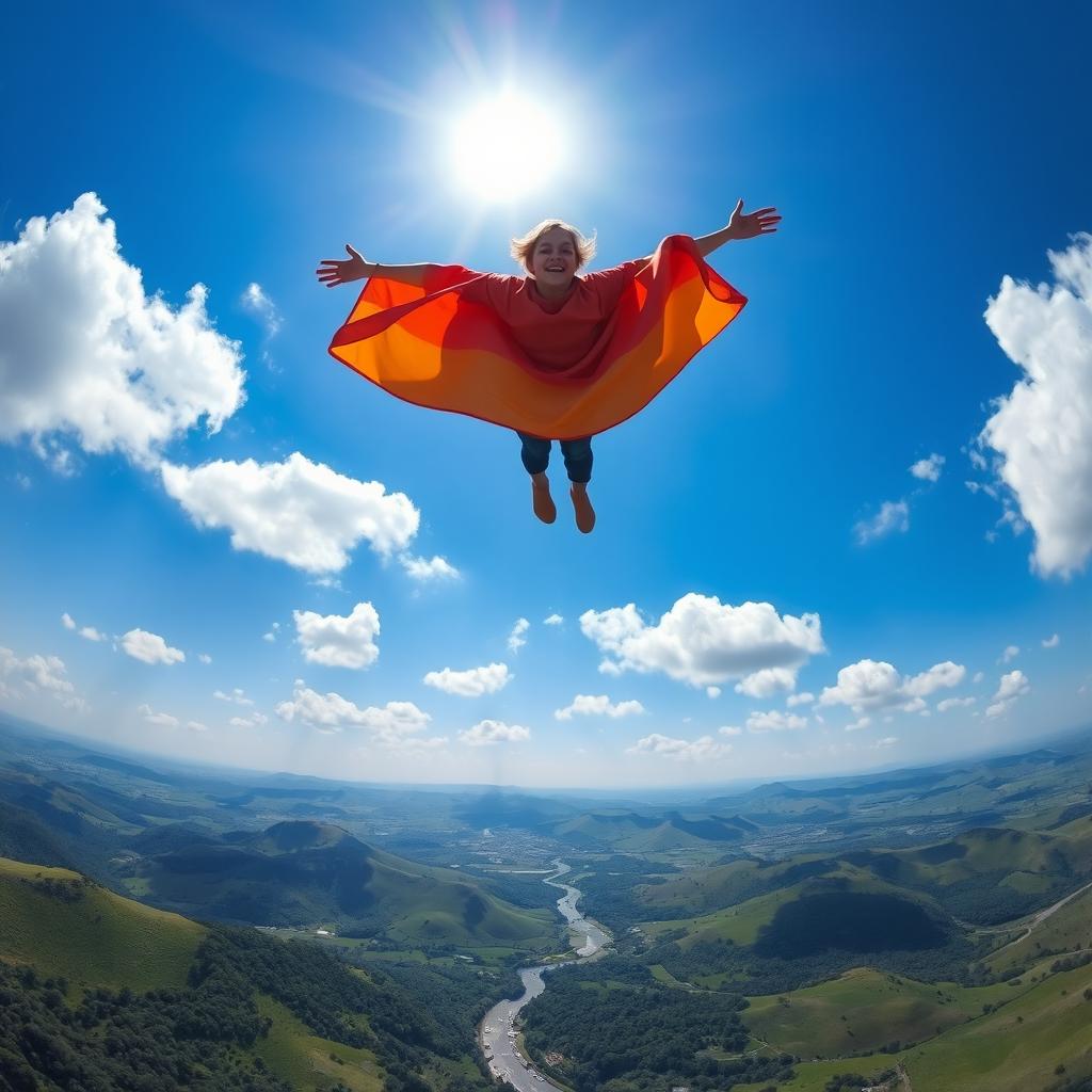 A breathtaking view of a person flying in the clear blue sky, with fluffy white clouds scattered throughout