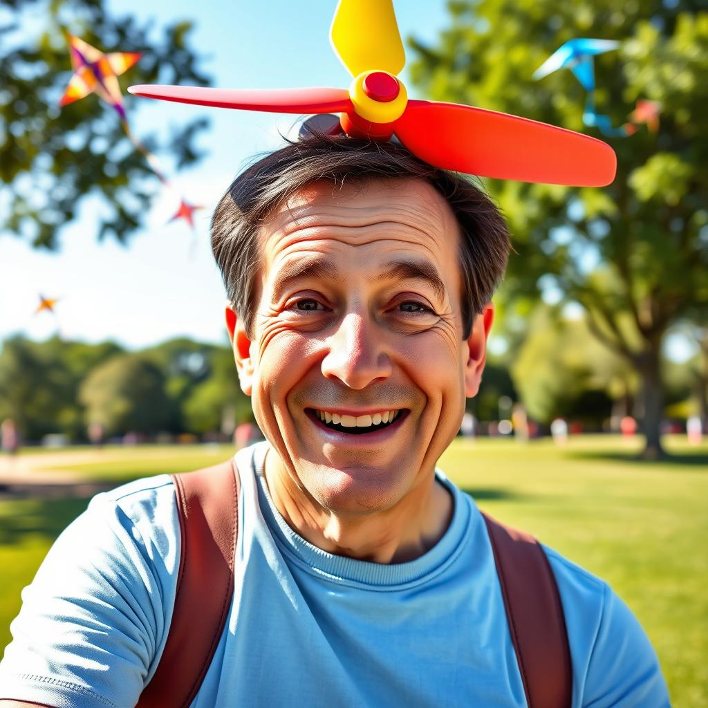 A playful and whimsical scene depicting a middle-aged man with a cheerful expression, wearing a colorful propeller hat on his head