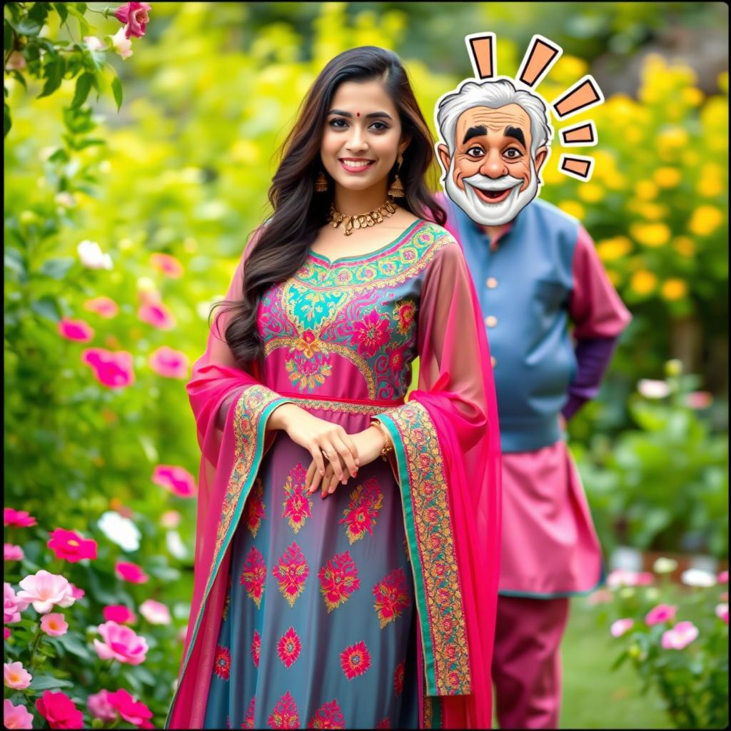 A young woman wearing a vibrant, traditional Punjabi dress, featuring intricate embroidery and bright colors, standing confidently with a graceful posture