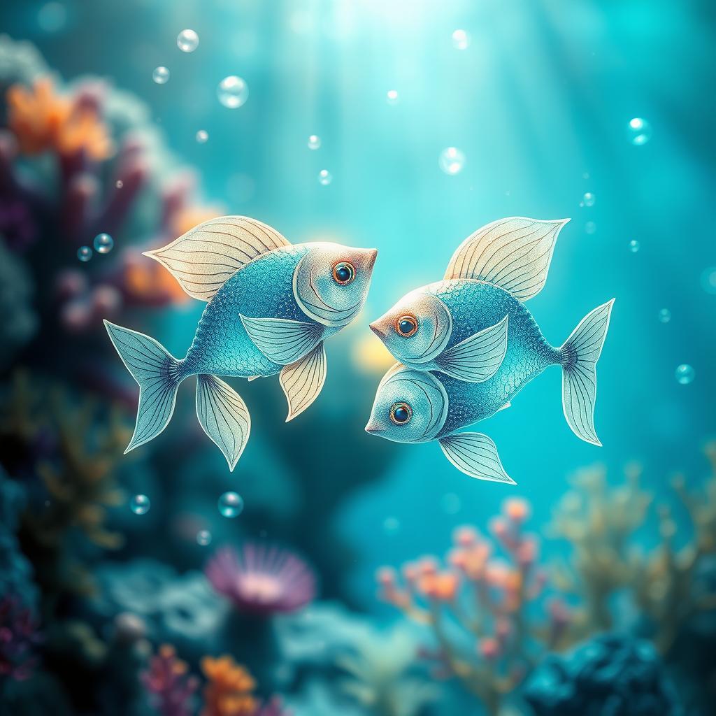 A beautiful representation of the Pisces zodiac sign, showcasing the two fish swimming in opposite directions, symbolizing duality and harmony