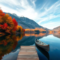 A serene landscape depicting a calm lake surrounded by lush mountains during the fall season
