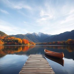 A serene landscape depicting a calm lake surrounded by lush mountains during the fall season