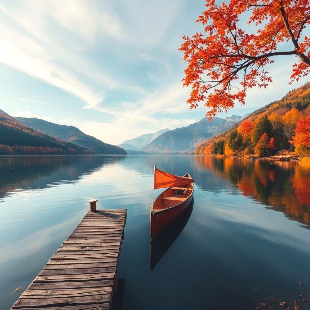 A serene landscape depicting a calm lake surrounded by lush mountains during the fall season