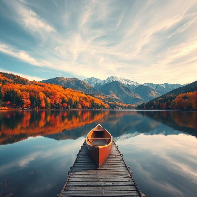 A serene landscape depicting a calm lake surrounded by lush mountains during the fall season
