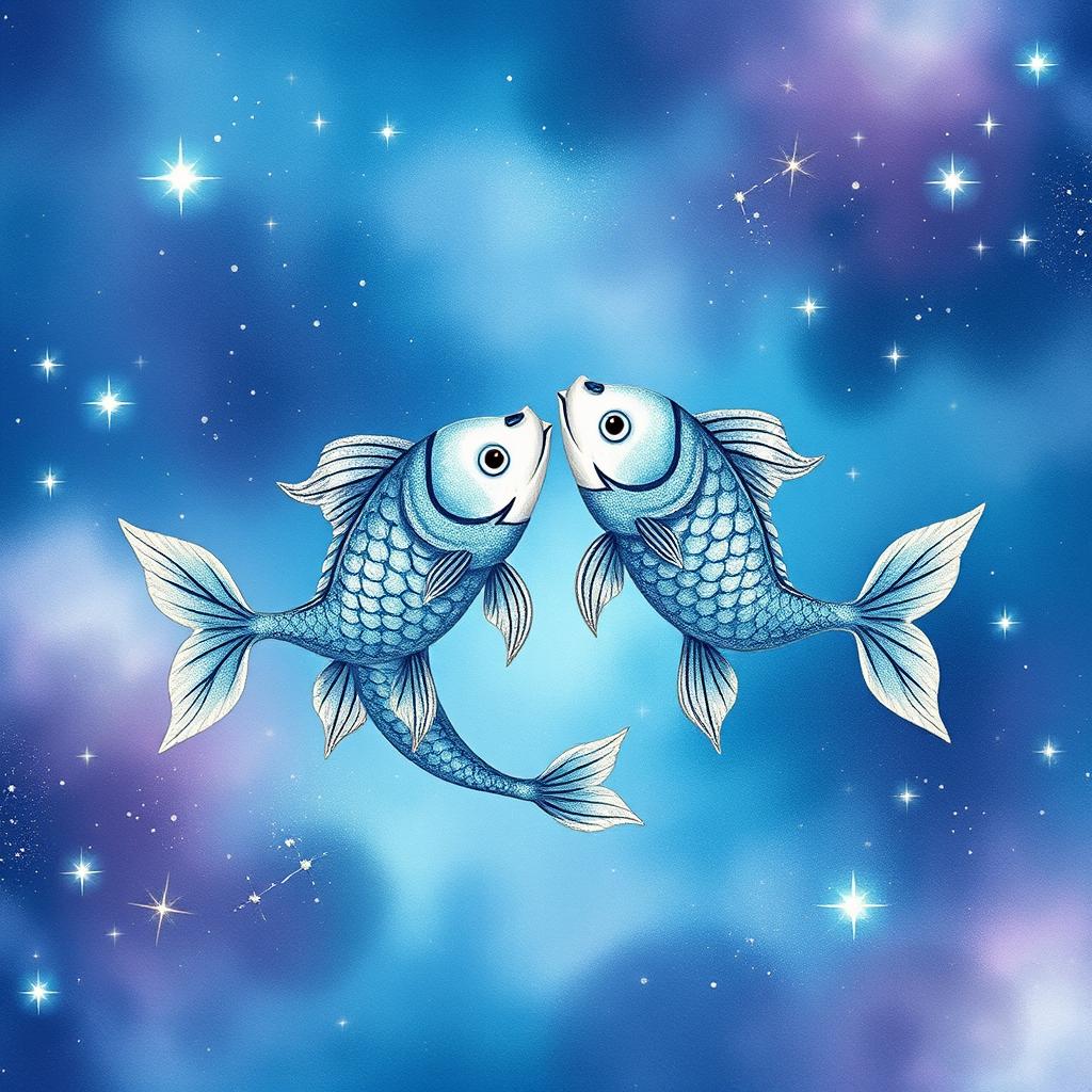 A whimsical and artistic representation of the Zodiac sign Pisces, featuring two elegant fish intertwined in a cosmic sea