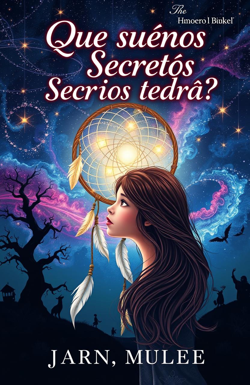 A whimsical and beautiful book cover design for a novel titled '¿Qué sueños y Secretos tendrá?'