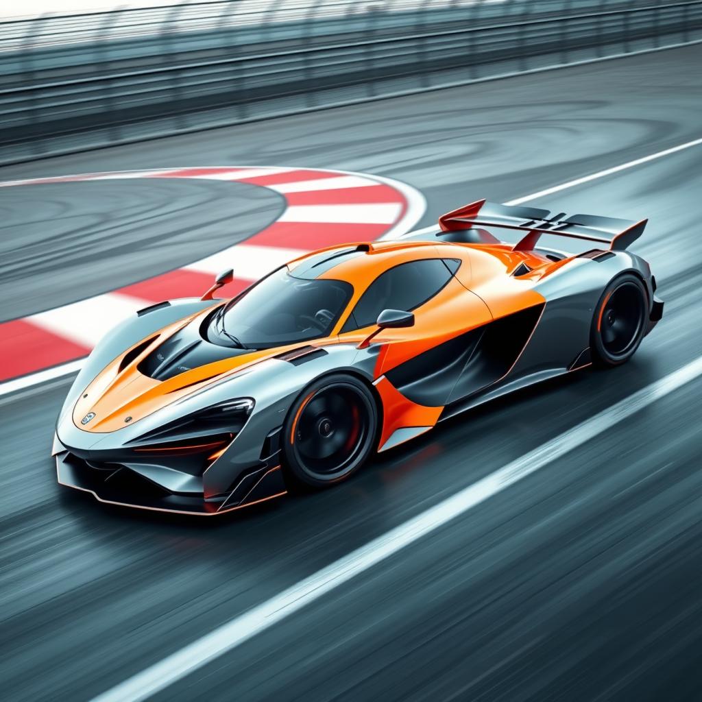 A stunning and futuristic McLaren F1 car designed for 2024, showcasing sleek aerodynamic lines and a vibrant paint scheme with the iconic McLaren orange and silver accents