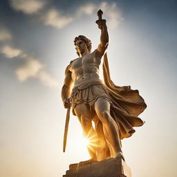 A classic Greek statue of a mighty hero, sword raised aloft, bathed in radiant golden sunlight casting dramatic shadows.