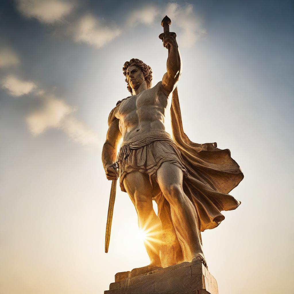 A classic Greek statue of a mighty hero, sword raised aloft, bathed in radiant golden sunlight casting dramatic shadows.